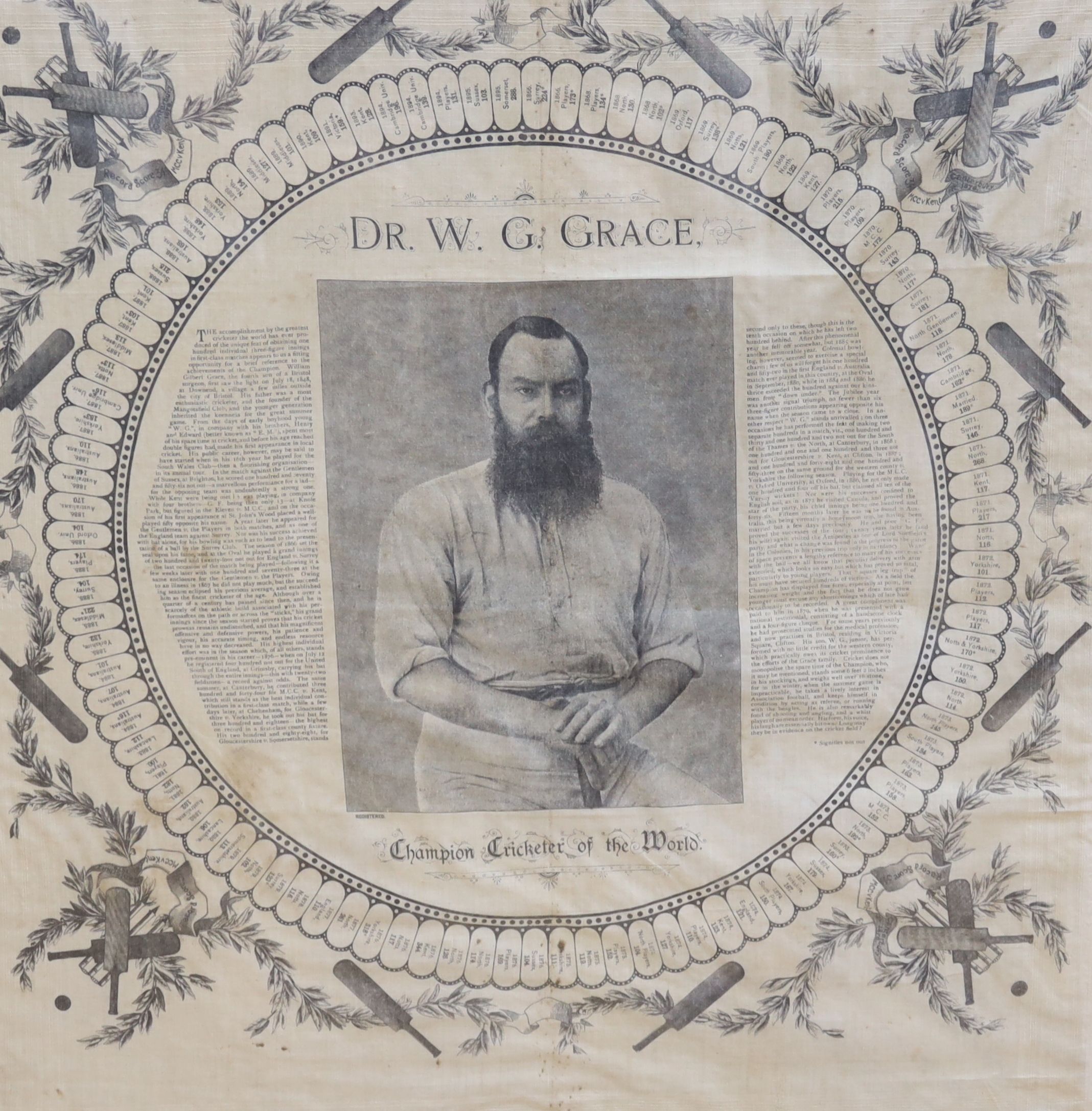 A framed printed handkerchief commemorating Dr W.G. Grace, c.1900, 61 x 55cm